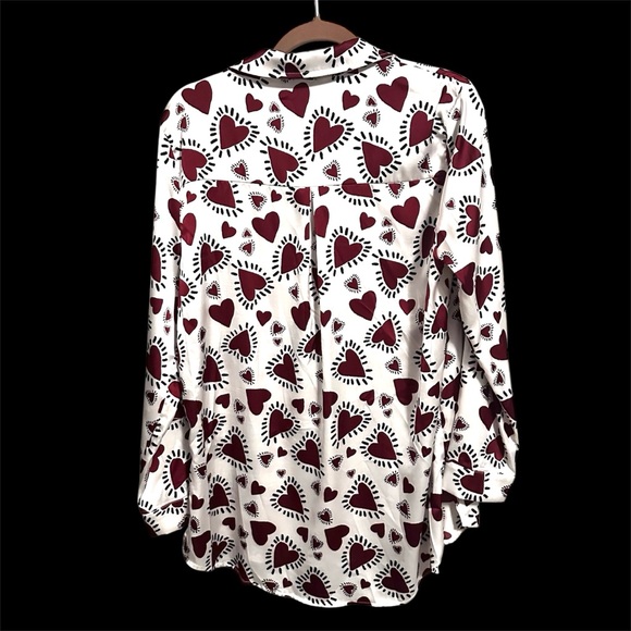 Lulumari Red Heart Satin Button Up Shirt Maroon Red White Womens Large - Picture 4 of 7